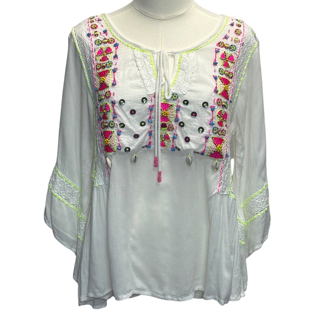 Ruby Yaya Boho Top Sz M White Neon Embroidered Gauze Shell Beach Peasant Coastal